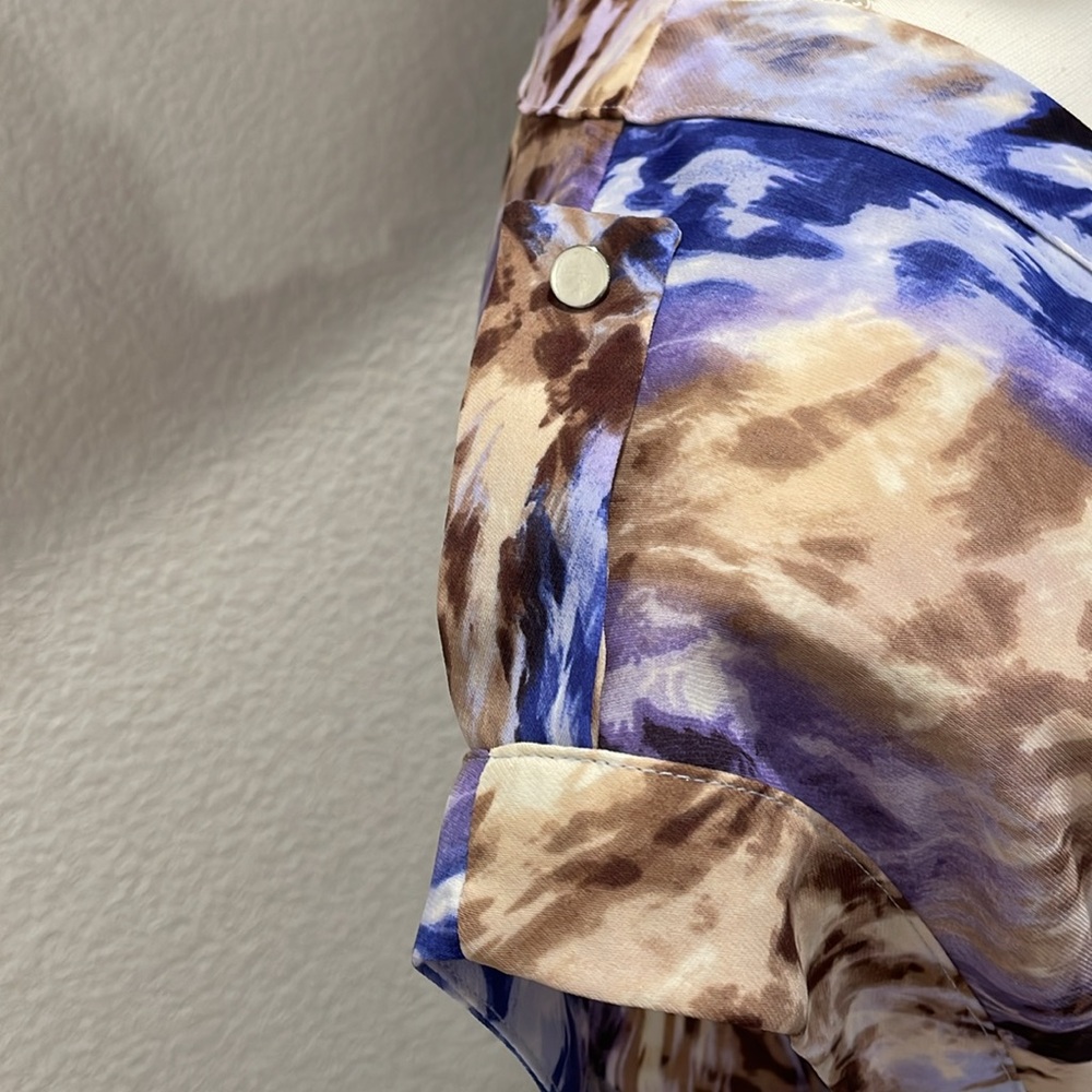 Jennifer Lopez cross wrap blouse. Sheer print. Tab shoulder. Asymmetrical hem. - Picture 2 of 9